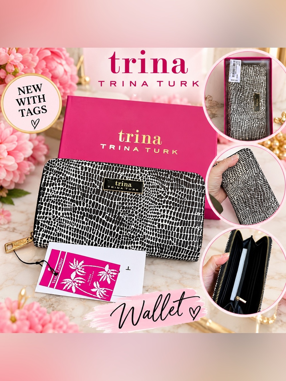 Trina Turk Large Zip-Around Wallet – Black & White – NWT